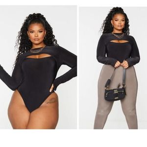 Plus PLT Black Slinky Crew Cutout Long Sleeve Bodysuit Size 18